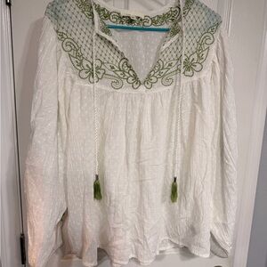 Elegant White Blouse with Green Detailing